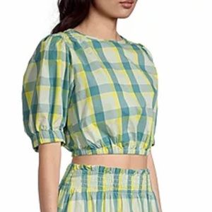 a. n.a Womens Green Plaid Round Neck Elbow Sleeve Crop Blouse size L
